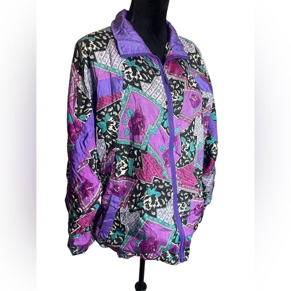 VINTAGE 80s/90s RAFEAL COLOR BLOCK‎ PRINTED WINDBREAKER JACKET WOMENS SIZE LARGE - Picture 2 of 12